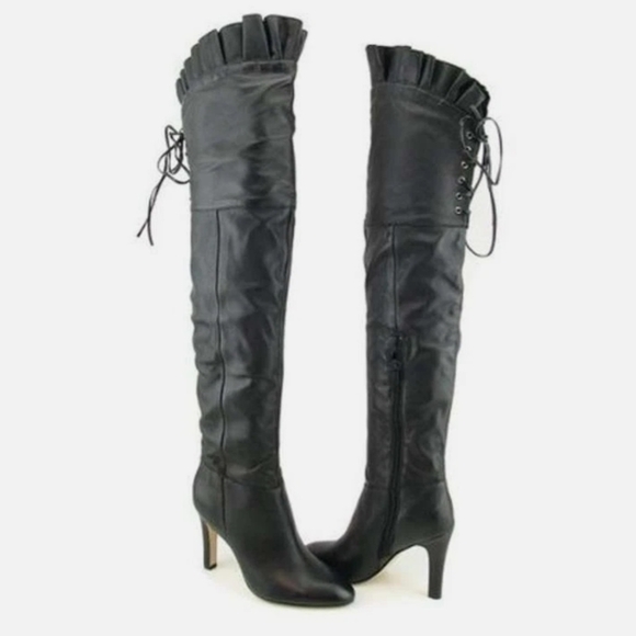 Kelsi Dagger Shoes - Kelsi Dagger Black Over-the-Knee Lace-Up Ruffled Cuff Stiletto Boots Size 10